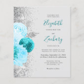 Budget Turquoise Bloem Silver QR Code Bruiloft (Voorkant)
