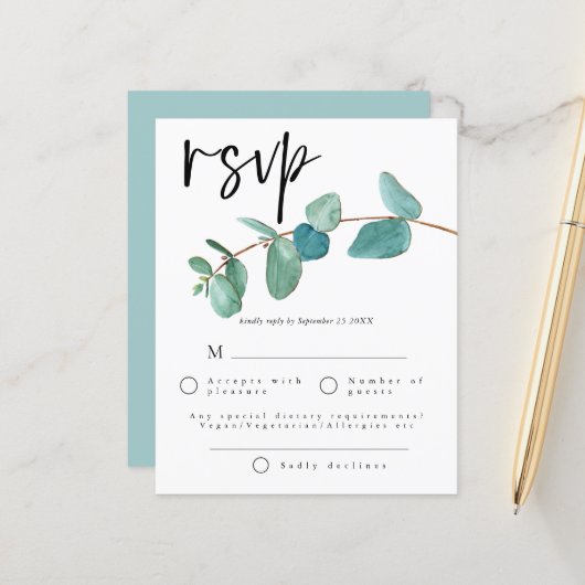 Budget Turquoise Blue Eucalyptus feuilles mariage (Devant/Arrière en situation)