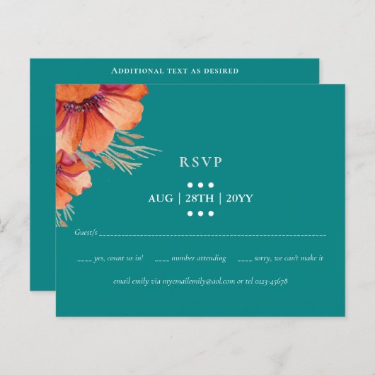 BUDGET Turquoise Oranje Bloem Bruiloft RSVP (Voorkant / Achterkant)