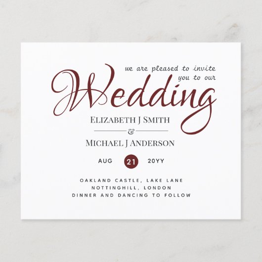 Budget TYPOGRAHY Wedding Invites - Burgundy Red (Voorkant)