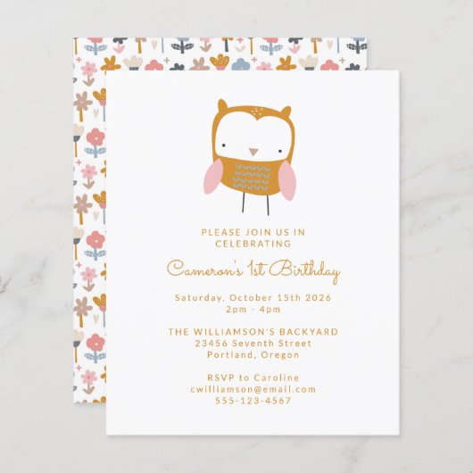 Budget Uil Bloemen Eenvoudige 1e Verjaardagsuitnod (Voorkant / Achterkant)