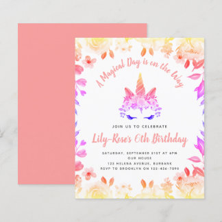 BUDGET Unicorn Face Floral Birthday Uitnodiging