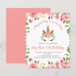 BUDGET Unicorn Face Floral Birthday Uitnodiging