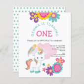 Budget Unicorn Virtuele 1e verjaardag Uitnodiging (Voorkant / Achterkant)