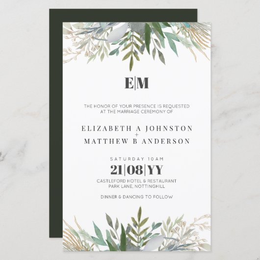 Budget Verdure Feuille Typographie Mariage Invite (Devant / Derrière)
