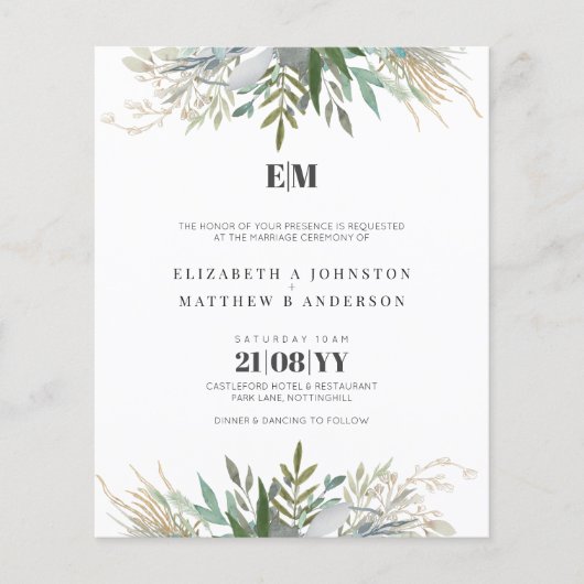 Budget Verdure Feuille Typographie Mariage Invite (Devant)