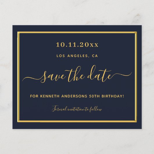 Budget verjaardag blauw goud save the date (Voorkant)
