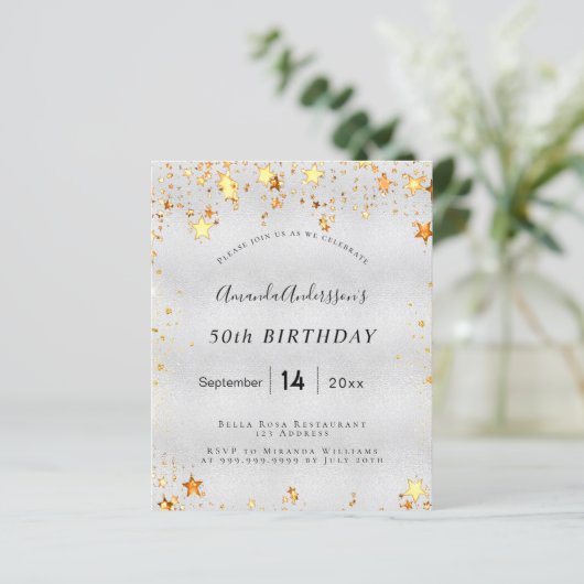 Budget verjaardag zilver gouden sterren uitnodigin (Staand voorkant)