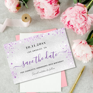Budget verjaardag zilver paars save the date 