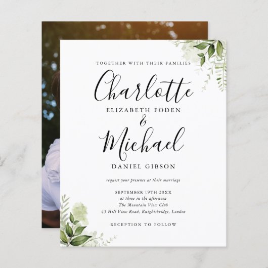 Budget Vert Feuille Script photo Mariage Invitatio (Devant / Derrière)