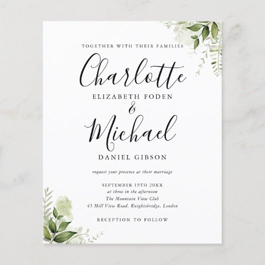 Budget Vert Feuille Script photo Mariage Invitatio (Devant)
