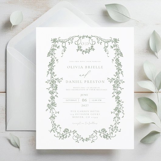 Budget Victoriaans Sage Green Wedding Invitation
