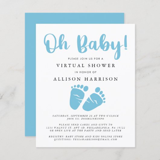 Budget Virtual Baby shower Blue Feet Invitation (Voorkant / Achterkant)