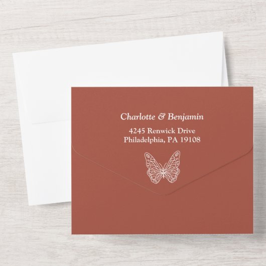 Budget Vlinder Terracotta Bruiloft All In One Uitnodiging (Achterkant)