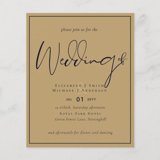 BUDGET VOUWKAART Papier Trouwen Goud Marineblauw Flyer (Voorkant)