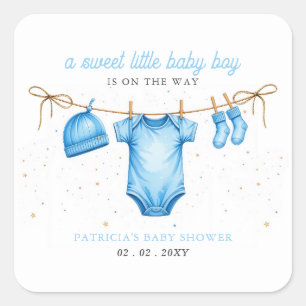 Budget waslijn blauwe jongen babyshower uitnodigin vierkante sticker