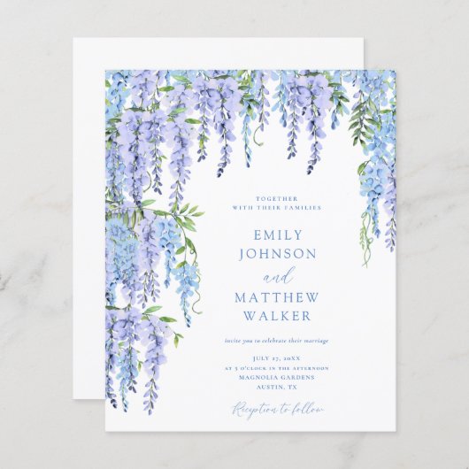 BUDGET Waterverf Dusty Blue Floral Bruiloft Uitnod (Voorkant / Achterkant)