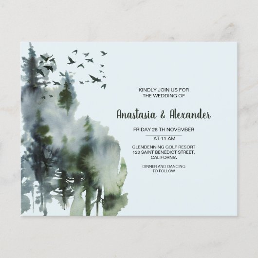 Budget/Waterverf Forest Wedding Invitation. Flyer (Voorkant)