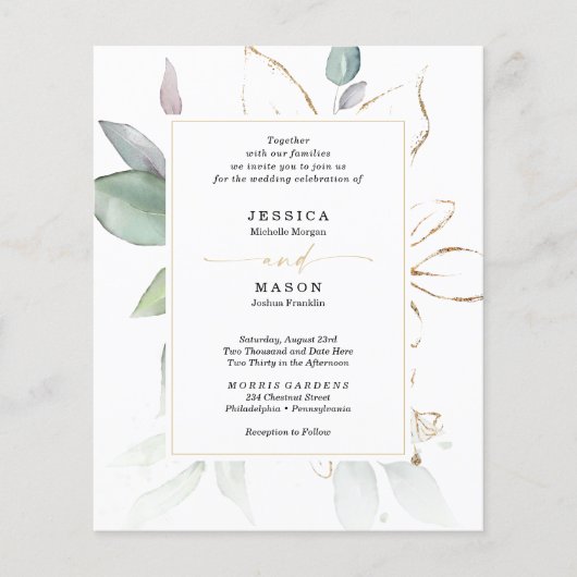 Budget Waterverf Greenery Sage and Gold Wedding Flyer (Voorkant)