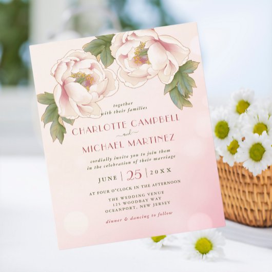 BUDGET Waterverf Peony Floral Wedding Invites