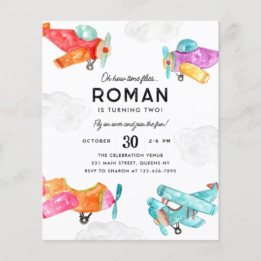 Budget Waterverf Planes Clouds Vliegtuig Verjaarda (Voorkant)