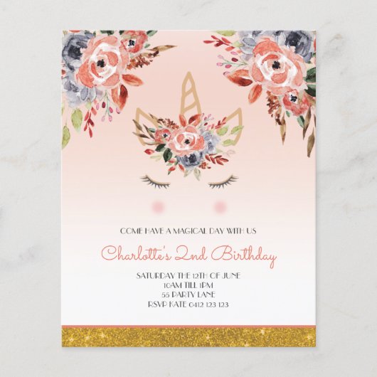BUDGET, Waterverf van Unicorn Florals Girl Invitat (Voorkant)