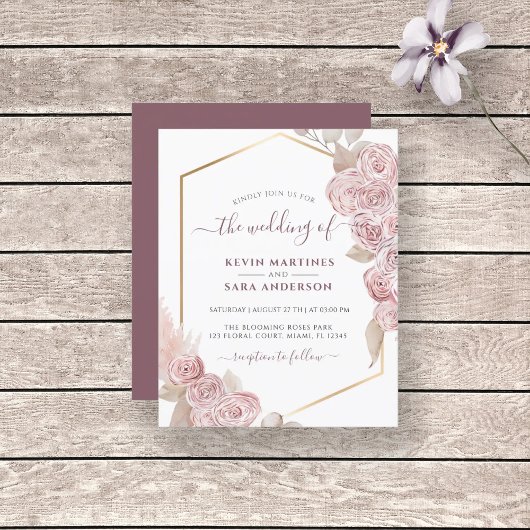 Budget Weddenschap Blush Pink Floral Gold Uitnodig