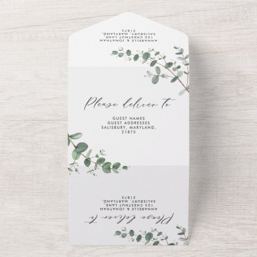 Budget Weddenschap Eucalyptus botanische uitnodigi All In One Uitnodiging (Buitenkant)