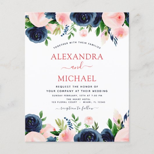 Budget Weddenschap Navy Blue Blush Pink Floral Flyer (Voorkant)