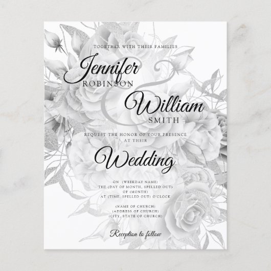 Budget Wedding Black & White Floral Uitnodiging Flyer (Voorkant)