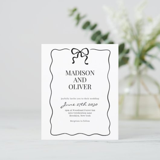 Budget Whimsical Black Bow Tie Wedding Invitation (Staand voorkant)