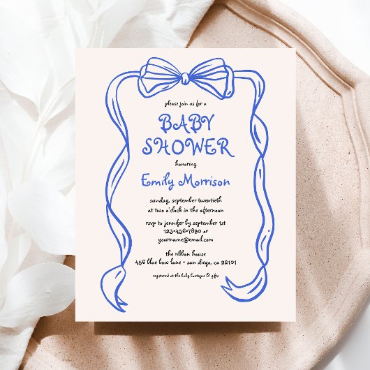 Budget Whimsical Quirky Blue Bow Boy Baby shower Flyer
