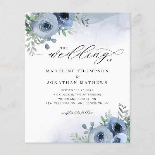 BUDGET Whimsical Script Floral Dusty Blue Wedding (Voorkant)