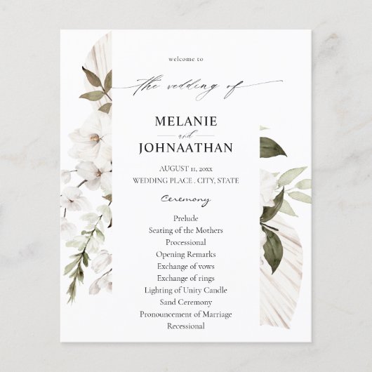 Budget White Boho Floral Wedding Programme (Voorkant)