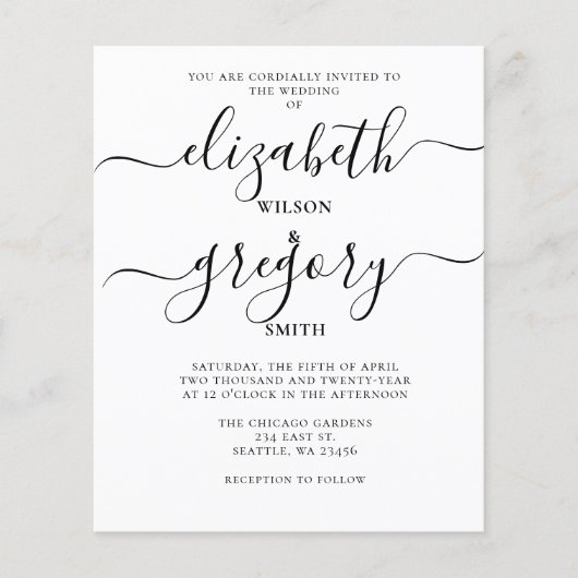 Budget White Calligraphy Wedding Invitation (Voorkant)