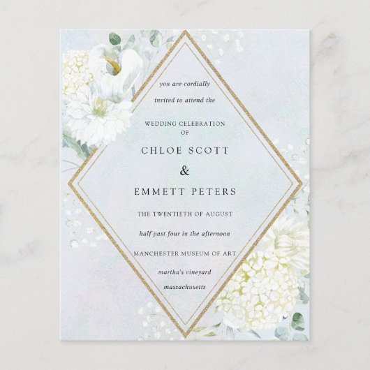 Budget White Floral Blue Wedding Uitnodiging (Voorkant)