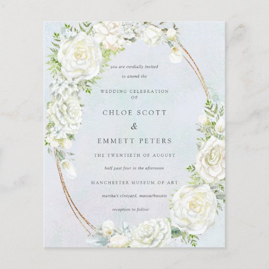 Budget White Floral Blue Wedding Uitnodiging (Voorkant)