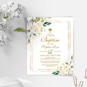 Budget White Flowers & Gold Baptism Invitation