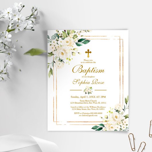 Budget White Flowers & Gold Baptism Invitation