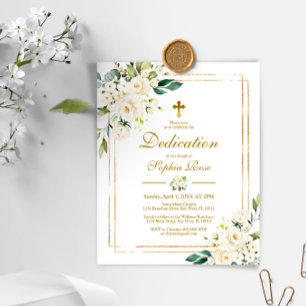 Budget White Flowers & Gold Dedication Invitation