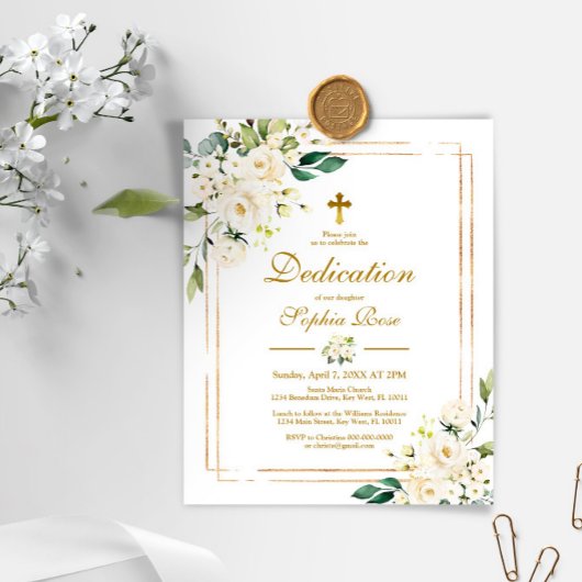 Budget White Flowers & Gold Dedication Invitation