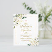 Budget White Flowers & Gold Dedication Invitation (Staand voorkant)