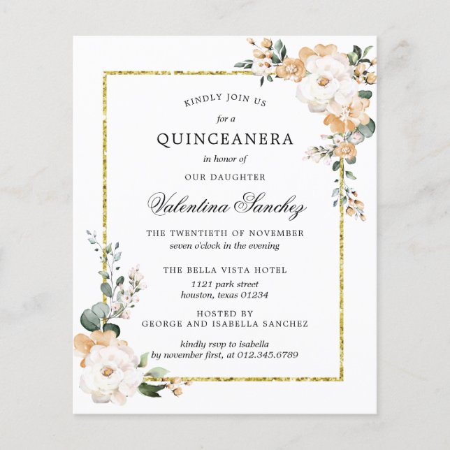 Budget White Gold Floral Quinceanera (Voorkant)