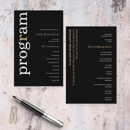 BUDGET White Gold Texte Black Wedding Programme
