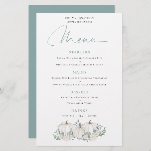 Budget White Pumpkins Florals Wedding Menu (Voorkant / Achterkant)