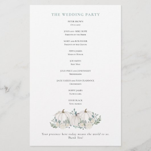 Budget White Pumpkins Florals Wedding Programme (Achterkant)
