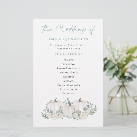 Budget White Pumpkins Florals Wedding Programme (Staand voorkant)