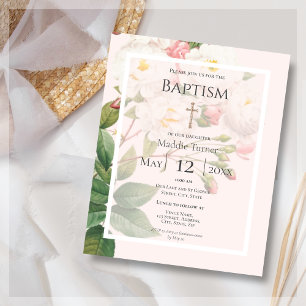 Budget White Rose Baptism Invitation