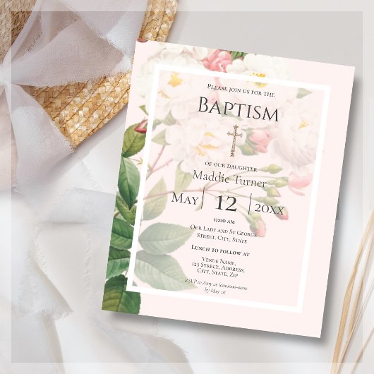 Budget White Rose Baptism Invitation