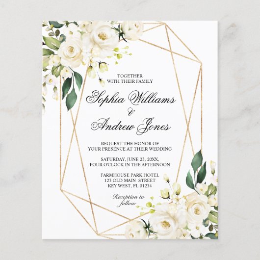 Budget White Rose en Greenery Wedding Invitation (Voorkant)